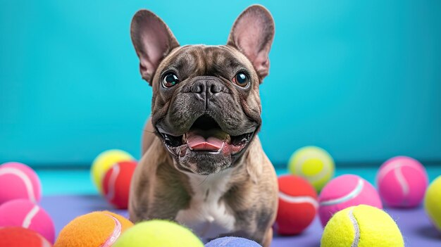 Eine amüsante Nahaufnahme eines französischen Bulldogs, der von bunten Tennisbällen umgeben ist