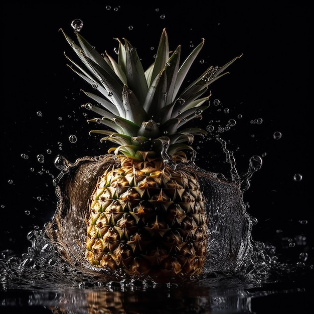 Eine Ananas liegt im Wasser mit schwarzem Hintergrund.