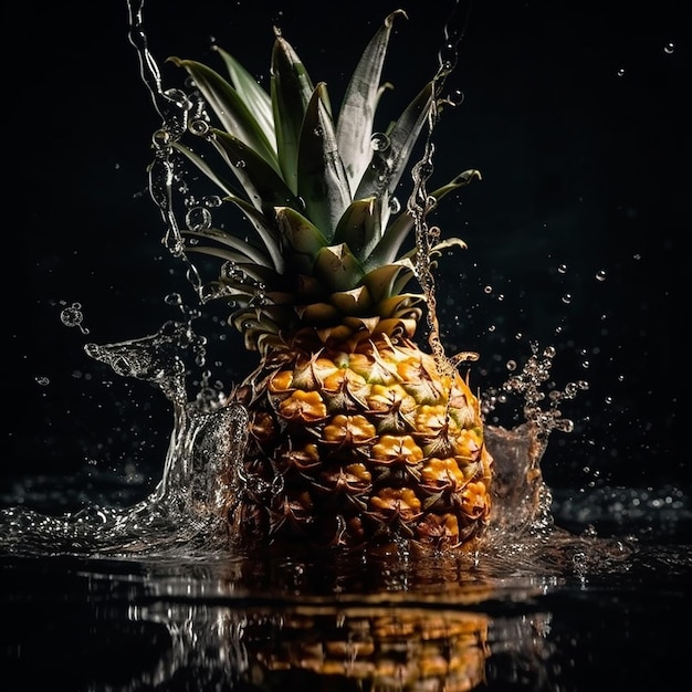 Eine Ananas liegt im Wasser und wird mit Wasser bespritzt.