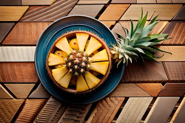 Foto eine ananas liegt in einer schüssel mit ananas auf dem tisch.