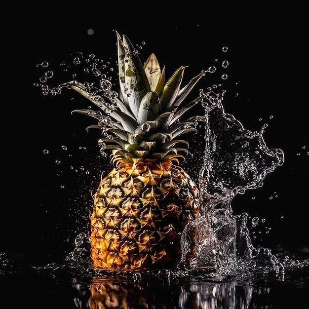 Eine Ananas mit einem Spritzer Wasser darauf