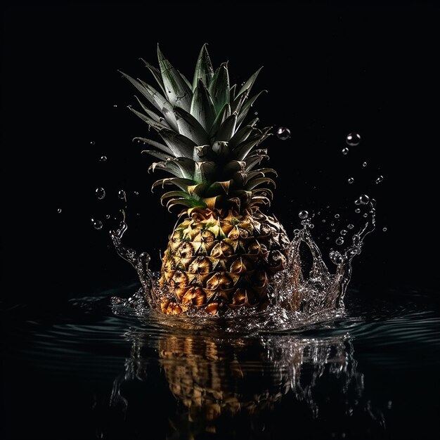 Eine Ananas planscht im Wasser, darauf steht das Wort „Ananas“.