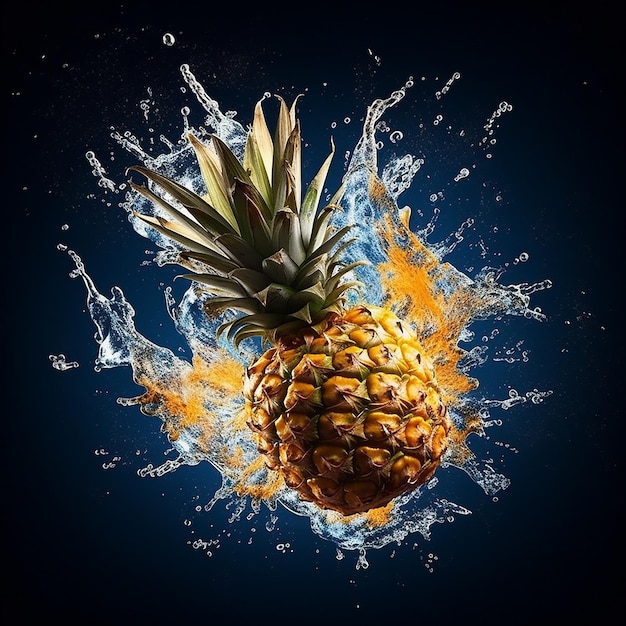 Eine Ananas wird mit Wasser bespritzt und es spritzt Wasser.