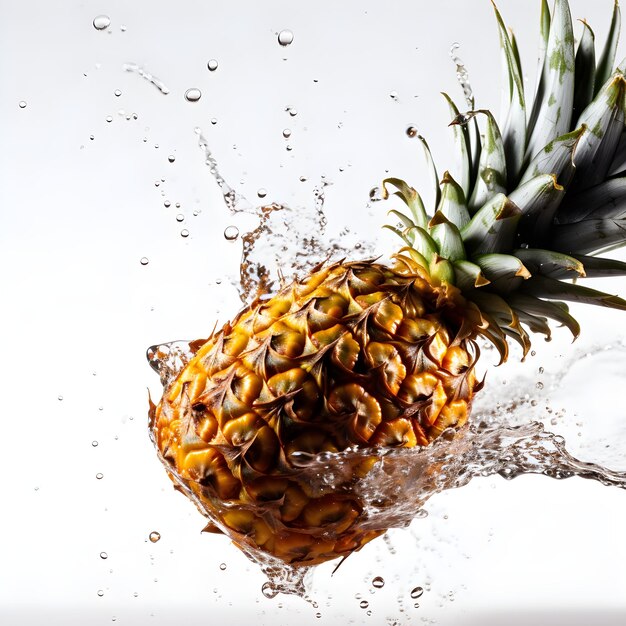 Eine Ananas wird mit Wasser bespritzt und in die Luft geschleudert.