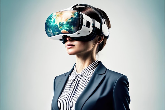 Eine andere Realität ist hier Junge Geschäftsfrau im VR-Headset Virtual-Reality-Simulator Technologischer Fortschritt in der Wirtschaft Generative KI