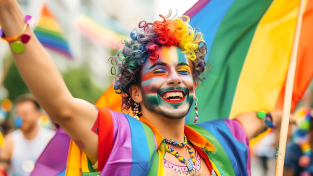 Foto eine androgyne person in der pride parade mit regenbogen-make-up