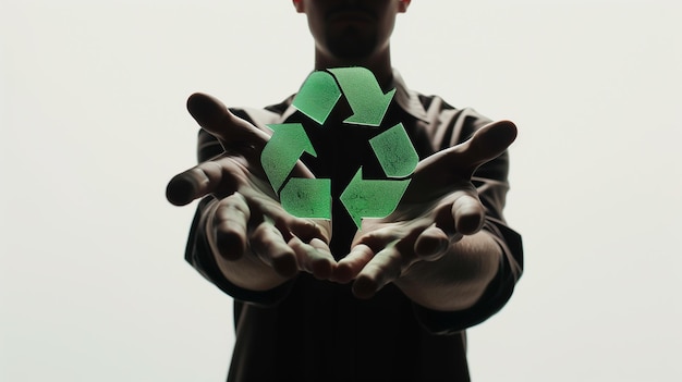 Foto eine anonyme person zeigt das recycling-symbol aus recyceltem kunststoff umweltschutz