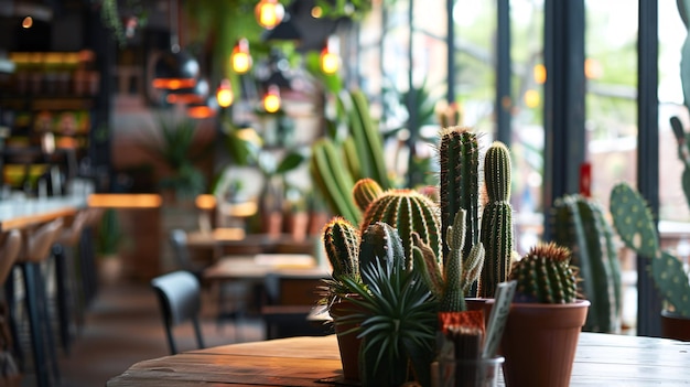 Eine Anordnung von Sukkulenten auf einem Tisch in einem Restaurant