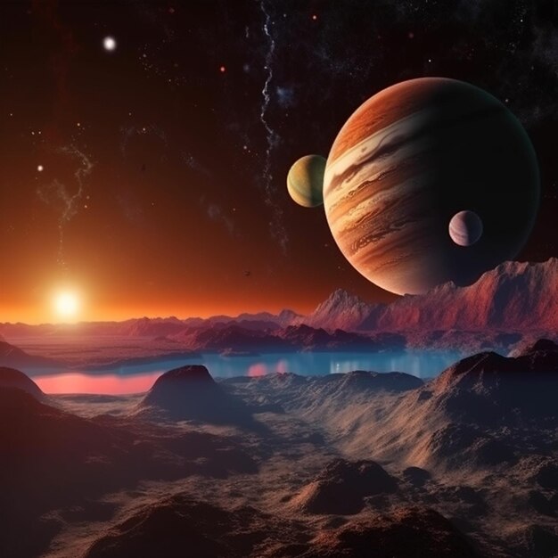 eine Ansicht eines Planeten mit einem großen Mond in der Ferne generative ai