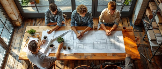 Foto eine ansicht von vier architekten, die an der obigen tabelle über entwurfsprojekte diskutieren