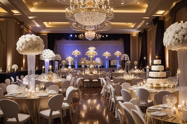 Eine anspruchsvolle und elegante Geburtstagsfeier in einem luxuriösen Ballsaal mit Kristallkronleuchtern, Champagnertürmen und einer Live-Band