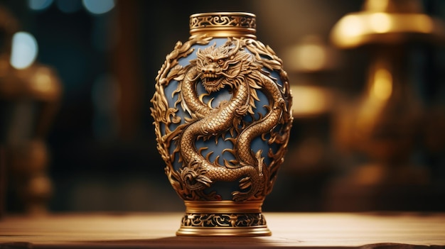 Eine antike chinesische Vase, geschmückt mit einem goldenen Drachen