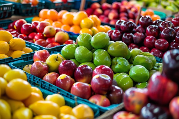 eine Anzeige verschiedener Früchte, darunter Äpfel, Orangen und Zitronen