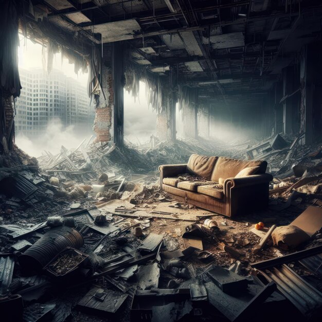 Foto eine apokalyptische szene im inneren eines gebäudes mit vielen trümmern. das sofa strahlt ein gefühl der ruhe aus, aber