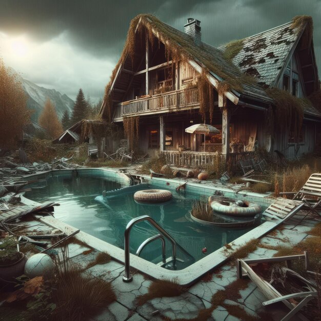 eine apokalyptische Szene mit einem Schwimmbad und einem zerstörten Haus
