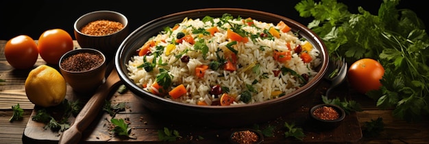 eine appetitliche Präsentation eines farbenfrohen Reisgerichts mit verschiedenen Gemüsesorten