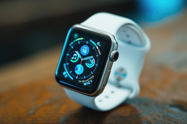 Eine Apple Watch, die auf einem einfachen Holztisch platziert ist, eine Smartwatch, die die Gesundheitsstatistiken eines Benutzers überwacht.