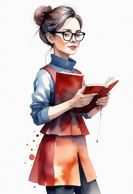 eine Aquarell-Illustration einer Frau in Brille, die ein Buch liest