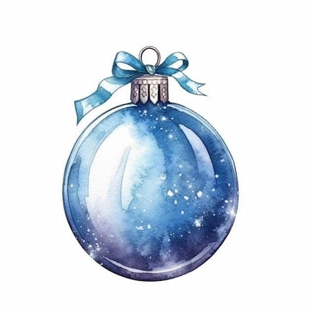 eine Aquarell-Weihnachtsverzierung mit einem blauen Band und einer generativen Schleife