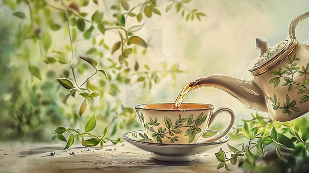 Eine Aquarellfarbe von Tee, das inmitten der Natur gegossen wird, ist ideal für ein Tee-Marken-Marketing oder Kunstunternehmen.