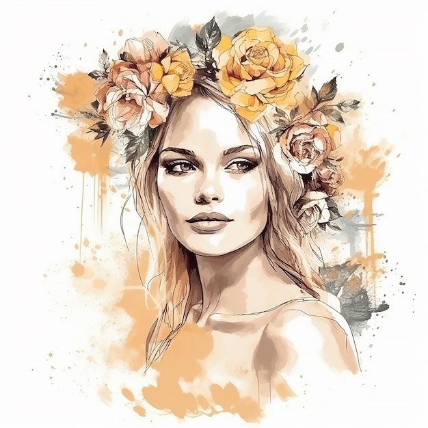 Eine Aquarellillustration einer Frau mit Blumen auf dem Kopf