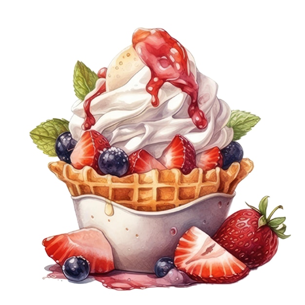 Eine Aquarellillustration einer Schüssel Eis mit Erdbeeren und Blaubeeren.