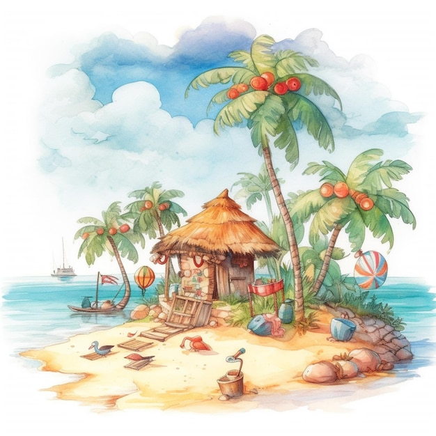 Eine Aquarellillustration einer Strandhütte mit Palmen und einer Strandhütte.