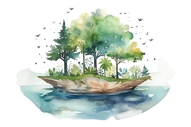 Eine Aquarellillustration einer tropischen Insel mit Bäumen und Vögeln.