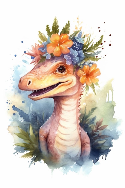 Eine Aquarellillustration eines Dinosauriers, der eine Blumenkrone trägt.