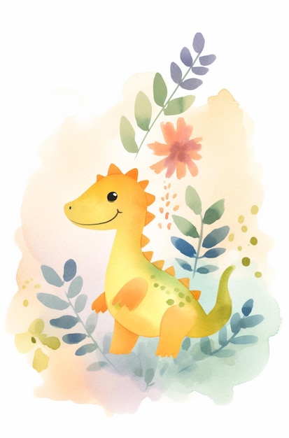 Eine Aquarellillustration eines Dinosauriers mit Blumen und Blättern.