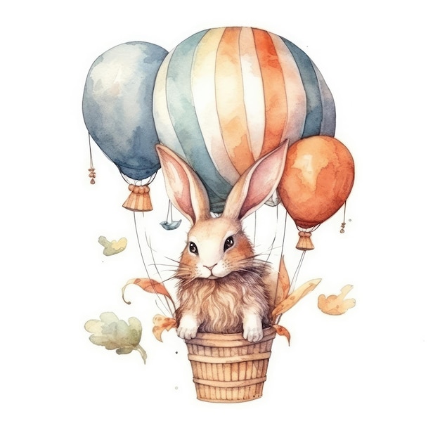 Eine Aquarellillustration eines Kaninchens in einem Heißluftballon.