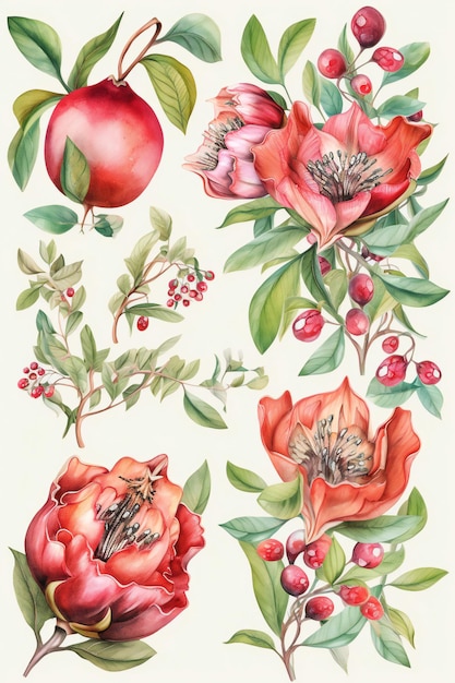 Eine Aquarellillustration von Blumen und Blättern.