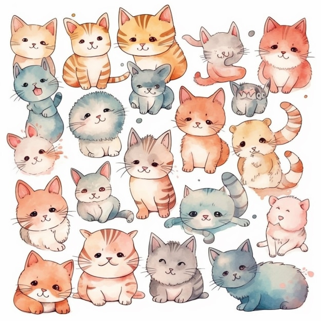 Eine Aquarellillustration von Katzen in verschiedenen Farben.