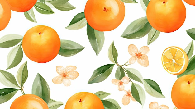 Eine Aquarellillustration von Orangen und Blättern mit Blumen.