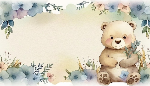 Eine Aquarellkarte mit einem Teddybären und Blumen.