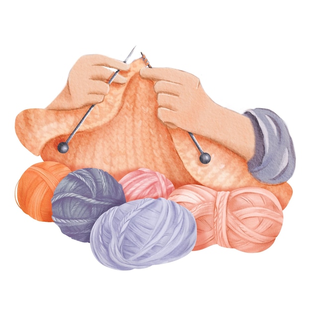 Eine Aquarellkomposition aus dem Stricken mit zwei Händen, die geschickt Stoff aus farbenfrohem Wollgarn herstellen