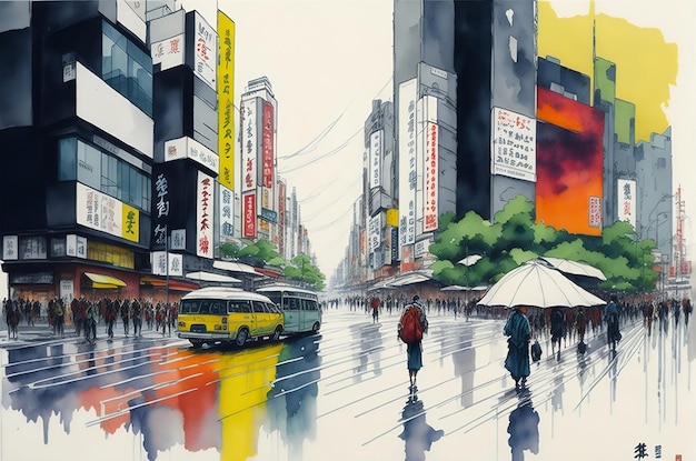 Eine Aquarelllandschaft der Shinjuku-Kreuzung