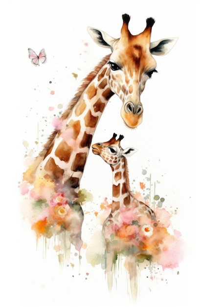 Eine Aquarellmalerei einer Giraffe und eines Schmetterlings