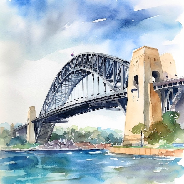 Eine Aquarellmalerei einer Hafenbrücke von Sydney.