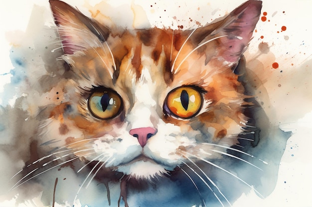 Eine Aquarellmalerei einer Katze mit gelben Augen.
