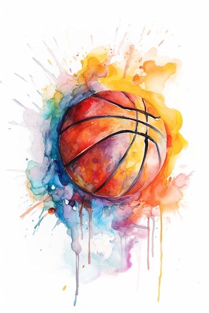 Eine Aquarellmalerei eines Basketballballs mit einem Regenbogen farbigen Hintergrund.