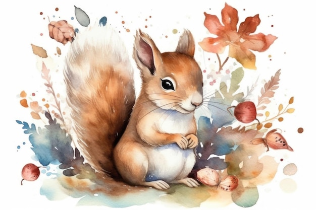 Eine Aquarellmalerei eines Eichhörnchens mit einem gemalten Hintergrund.