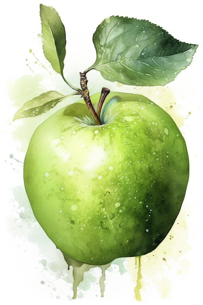 Eine Aquarellmalerei eines grünen Apfels mit Blättern darauf.