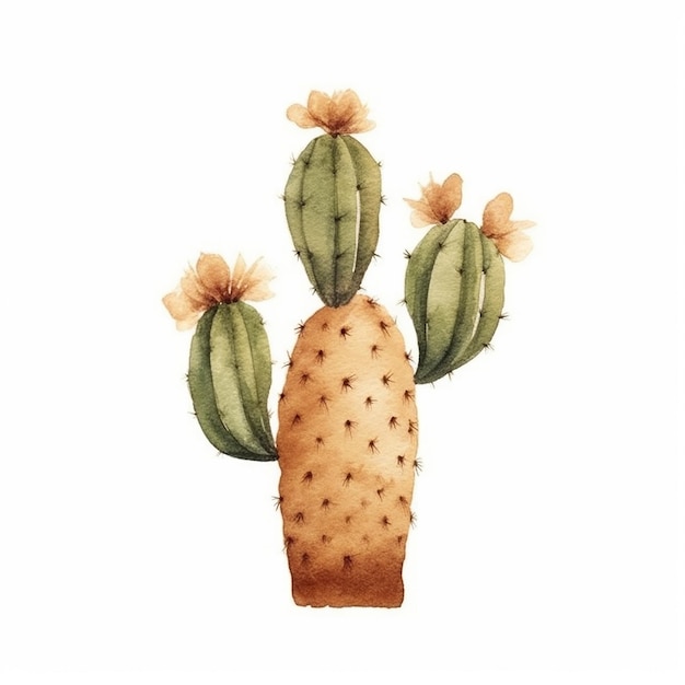 Eine Aquarellmalerei eines Kaktus mit Blumen.