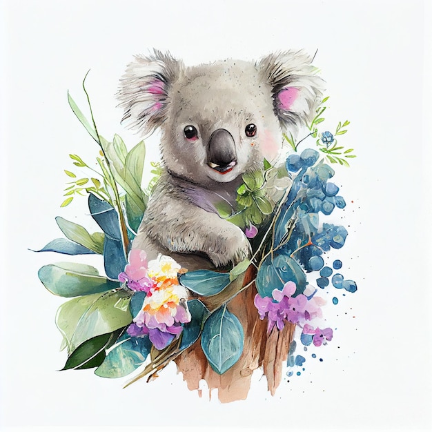 Eine Aquarellmalerei eines Koalabären mit Blättern und Beeren.