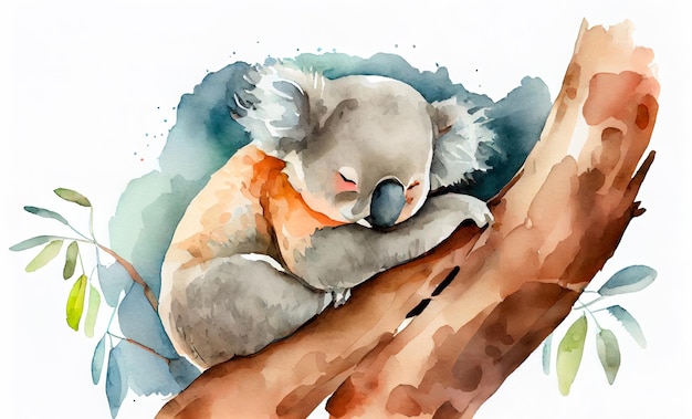 Eine Aquarellmalerei eines Koalas, der auf einem Baum schläft.