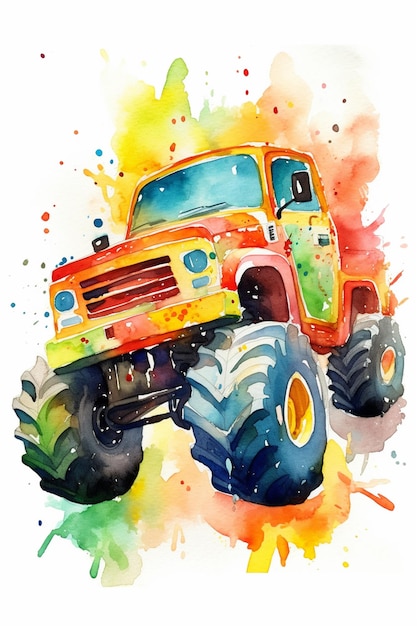 Eine Aquarellmalerei eines Monstertrucks.