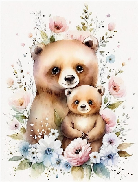 Eine Aquarellmalerei eines Mutter- und Babybären