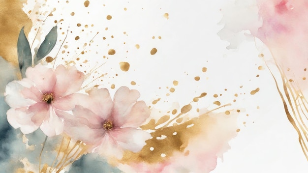 Foto eine aquarellmalerei mit rosa blumen und goldenen akzenten