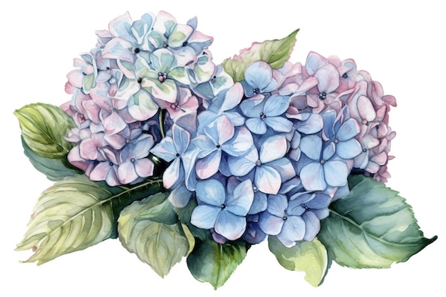 Eine Aquarellmalerei von blauen Hortensienblumen.